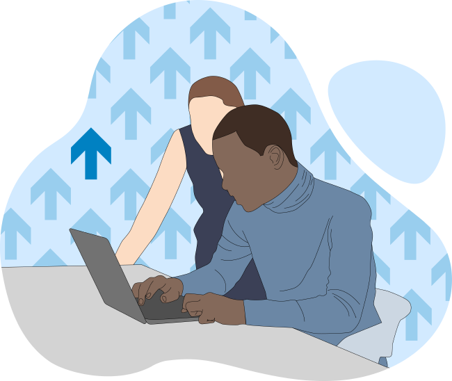 Partner at a laptop with upward arrows representing growth and commission boost