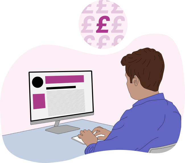 Partner at a computer with pound symbols, illustrating earning by promoting CitizenCard